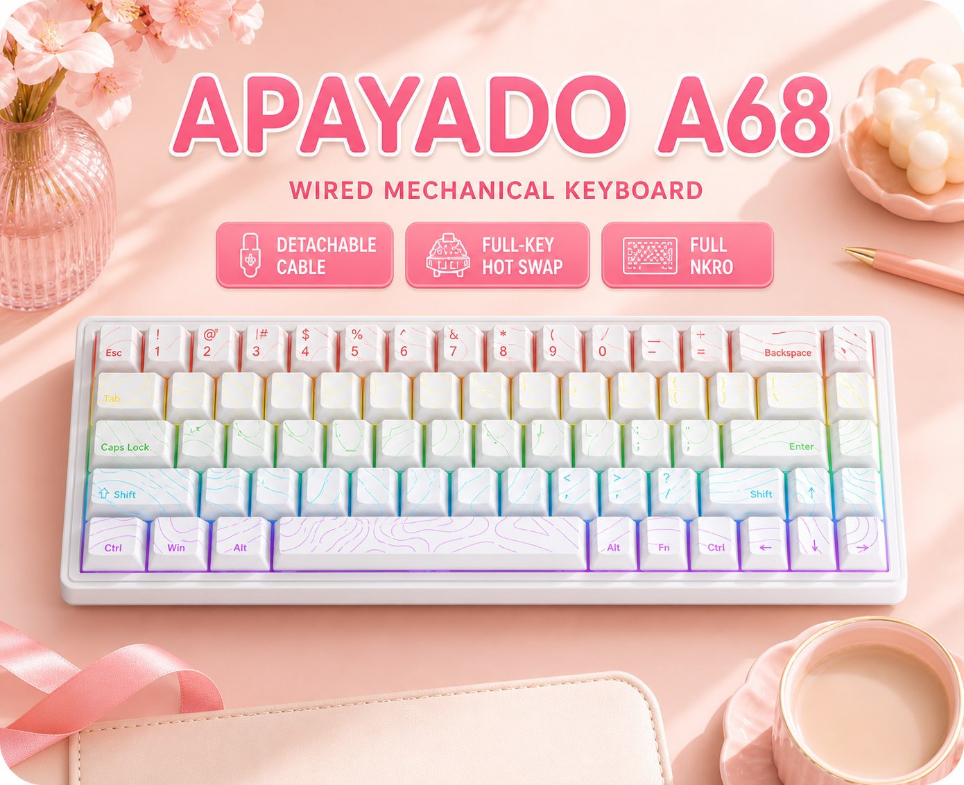 Gaming Keyboard Blue Switches - APAYADO A68 Kablolu Mekanik Klavye, Sıcak